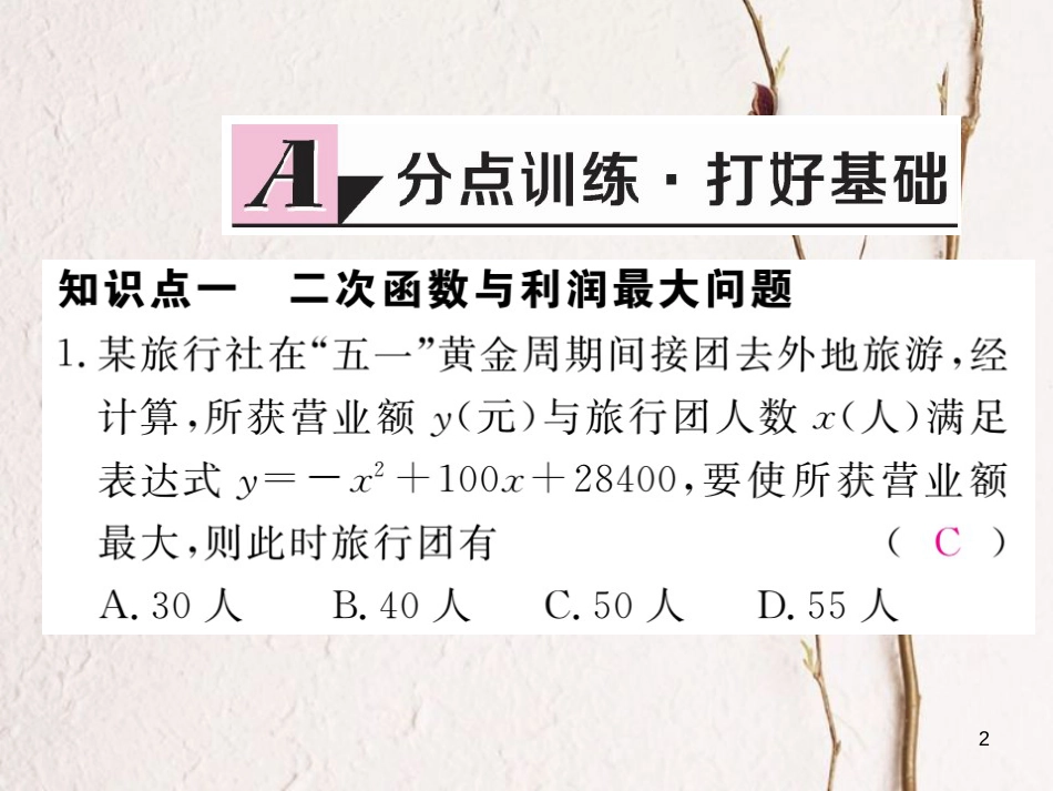 九年级数学下册 1.5 二次函数的应用 第2课时 二次函数与利润问题及几何面积问题作业课件 （新版）湘教版_第2页