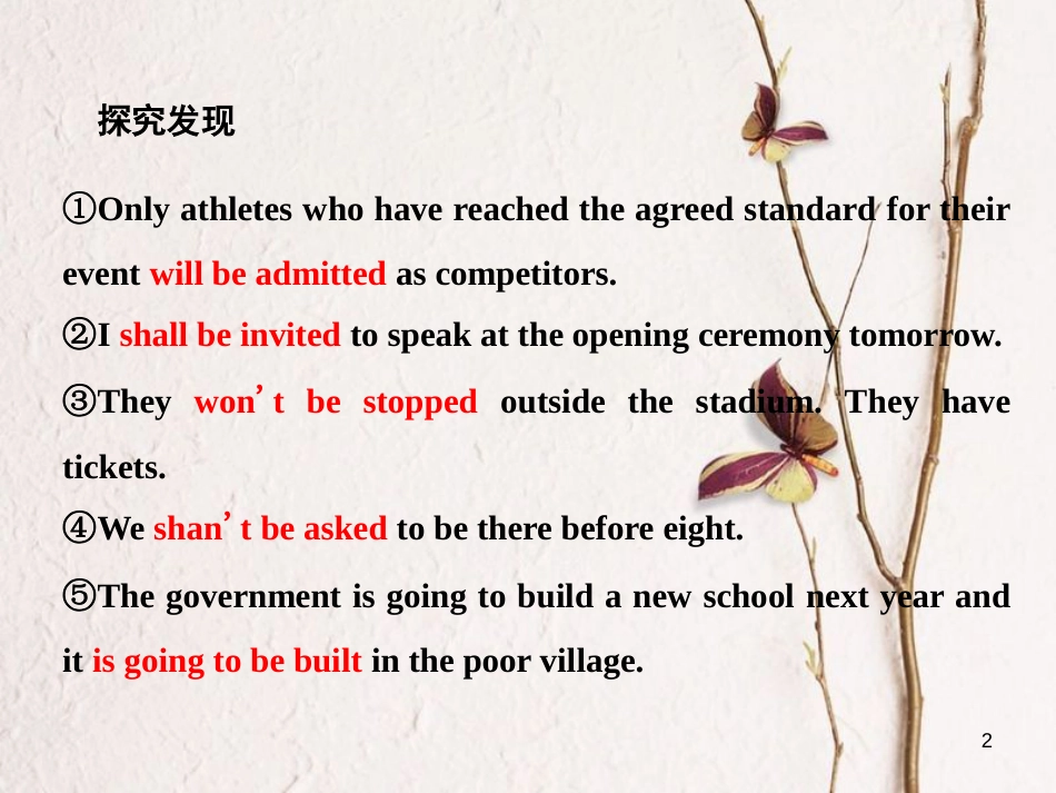 高中英语 Unit 2 The Olympic Games Section Ⅲ Grammar-一般将来时的被动语态课件 新人教版必修2_第2页