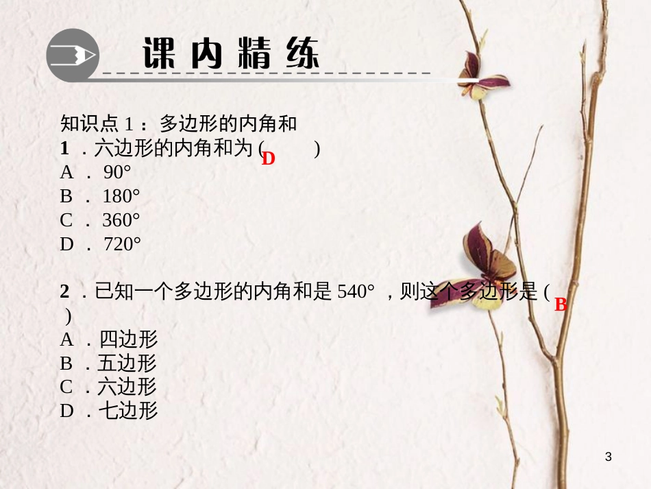 八年级数学下册 第六章 平行四边形 4 多边形的内角和与外角和作业课件 （新版）北师大版_第3页