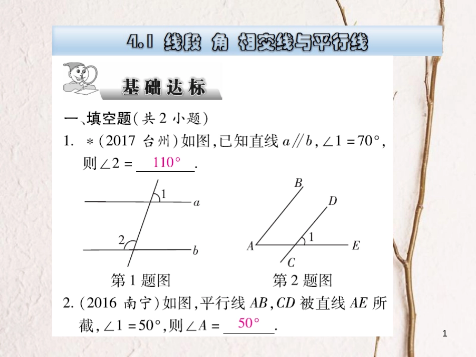 云南省中考数学总复习 第四章 三角形 4.1 线段 角 相交线与平行线课件_第1页