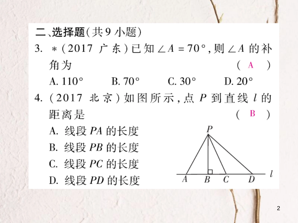 云南省中考数学总复习 第四章 三角形 4.1 线段 角 相交线与平行线课件_第2页