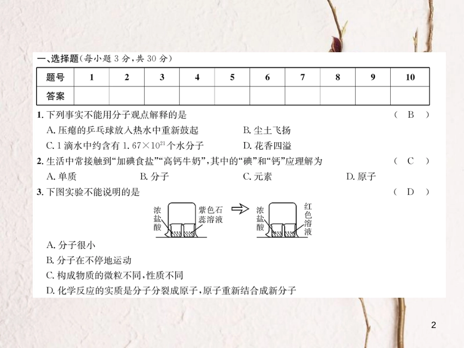 九年级化学上册 第三单元 物质构成的奥秘达标测试卷习题课件 （新版）新人教版_第2页