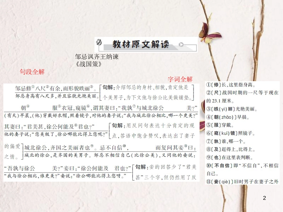 安徽省年中考语文 第二部分 文言文阅读 专题一 文言文阅读串讲 串讲十六 邹忌讽齐王纳谏复习课件_第2页