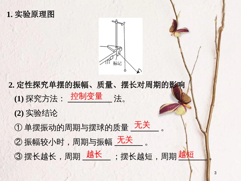 （浙江专版）2019版高考物理大一轮复习 第十一章 机械振动 机械波 光 电磁波 实验16 探究单摆周期与摆长的关系课件_第3页