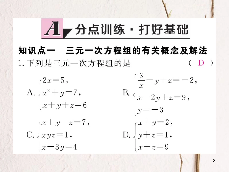 七年级数学下册 第8章 二元一次方程组 8.4 三元一次方程组的解法练习课件 （新版）新人教版_第2页