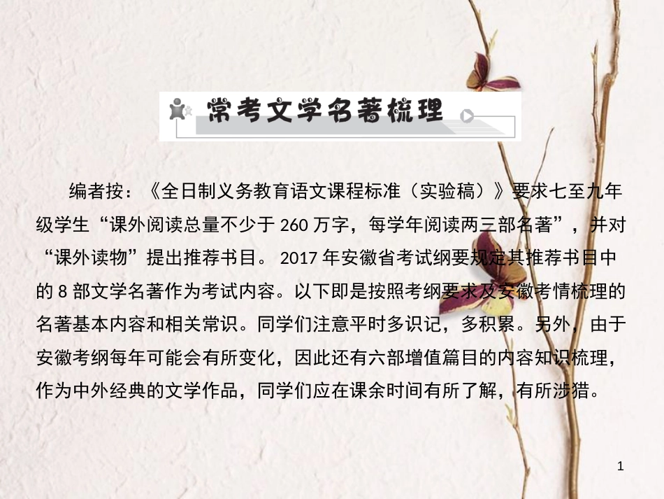 安徽省年中考语文 第三部分 语言积累与运用 专题三 名著阅读 常考文学名著梳理复习课件_第1页