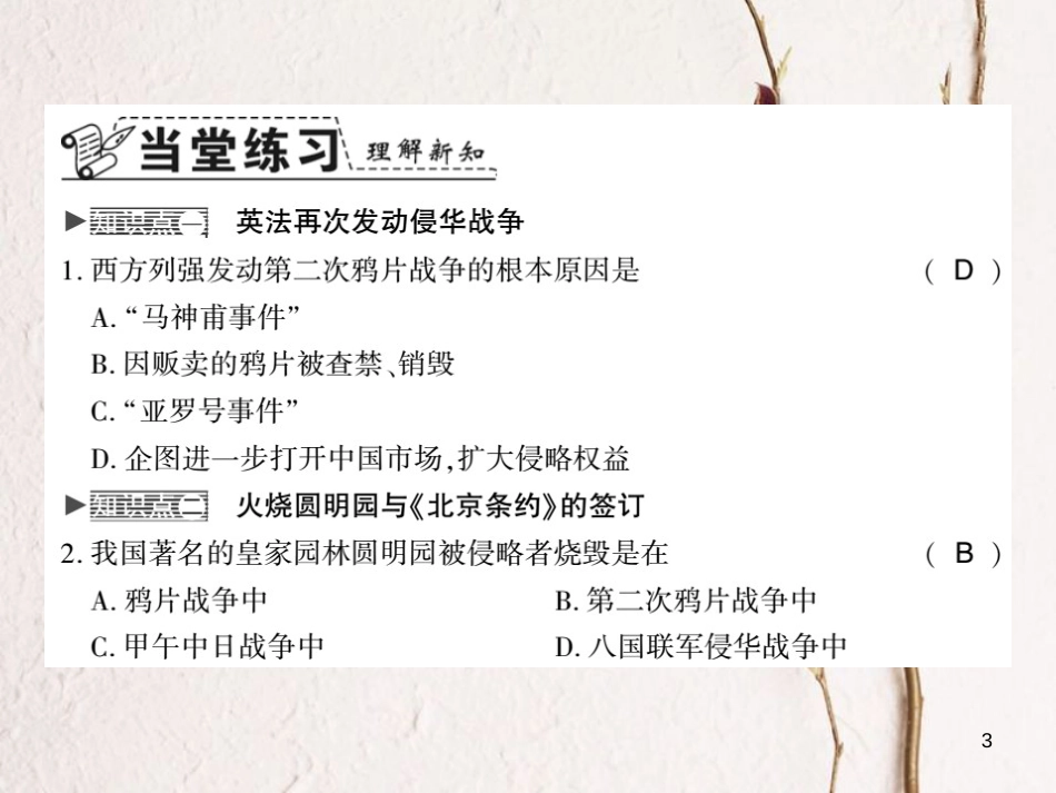 八年级历史上册 第一单元 中国开始沦为半殖民地半封建社会 第2课 第二次鸦片战争习题课件 新人教版_第3页