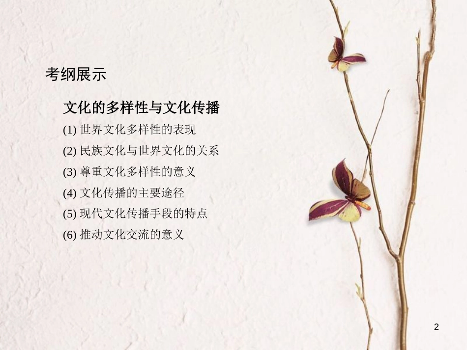 2019届高考政治一轮复习 第十单元 文化传承与创新 第23课时 文化的多样性与文化传播课件 新人教版必修3_第2页