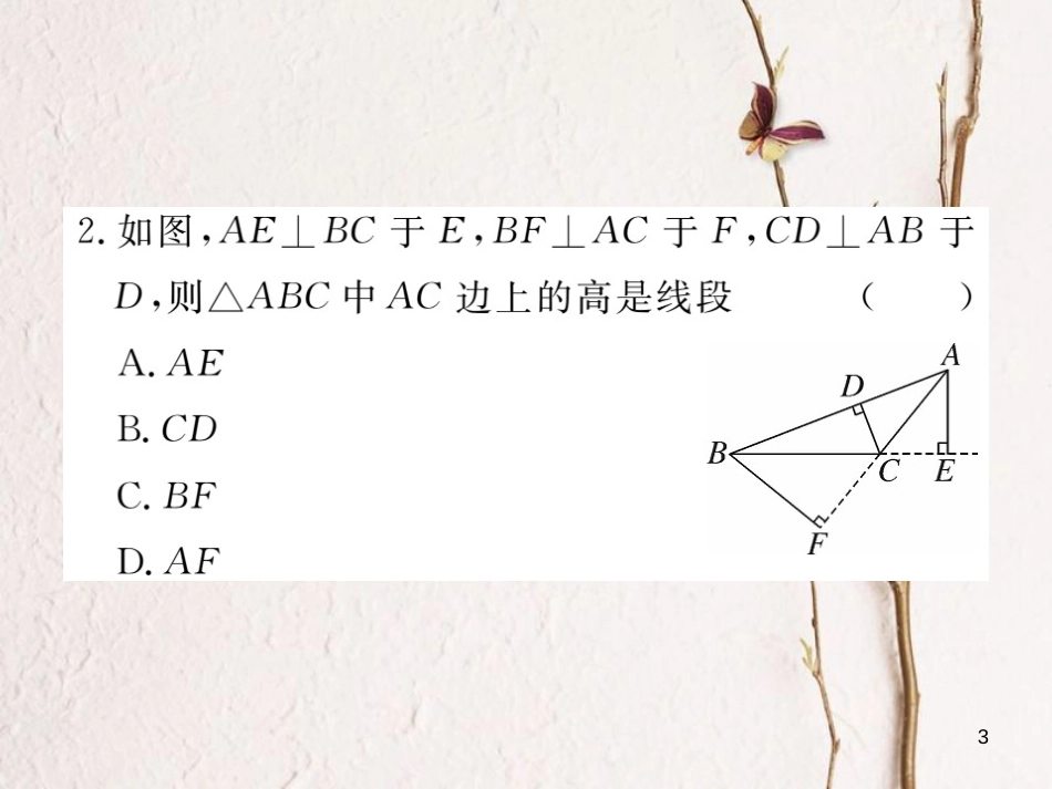 （贵州专用）八年级数学上册 11.1 与三角形有关的线段 11.1.2 三角形的高、中线与角平分线 11.1.3 三角形的稳定性课件 （新版）新人教版_第3页