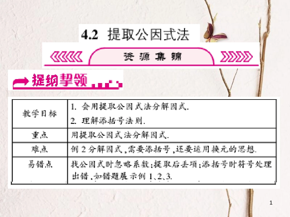 浙江省嘉兴市秀洲区七年级数学下册 第四章 因式分解 4.2 提取公因式法习题课件 （新版）浙教版_第1页