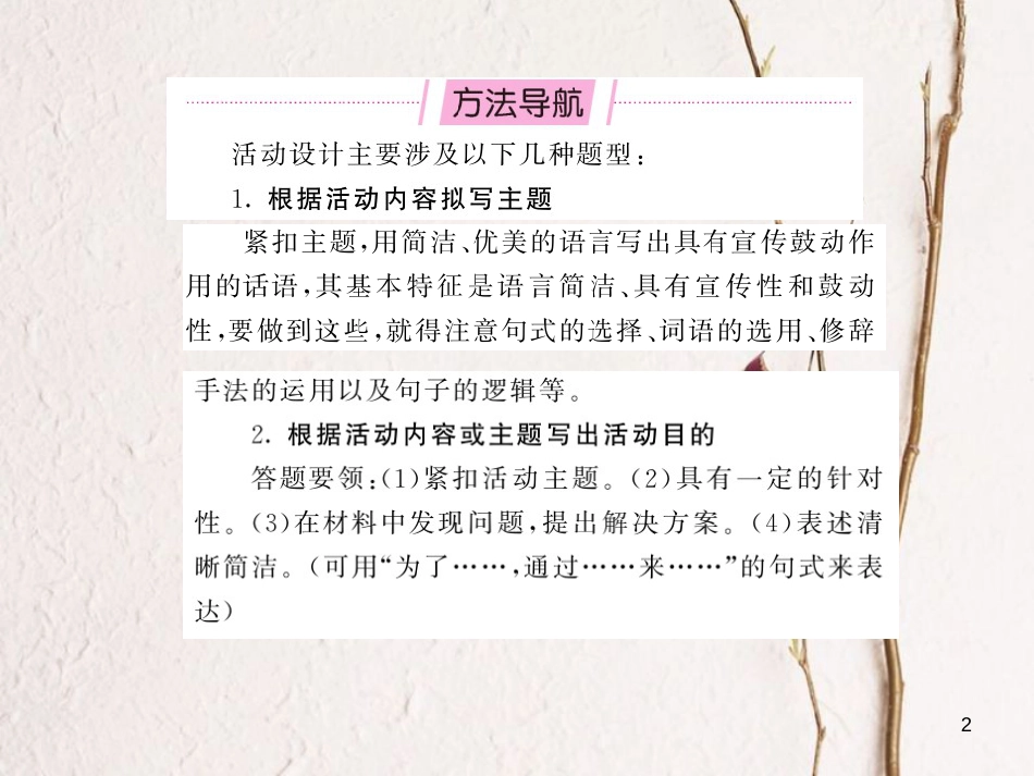 中考语文总复习 第2编 语文知识积累与运用 专题十一 综合与探究 考点五 活动设计课件 语文版_第2页