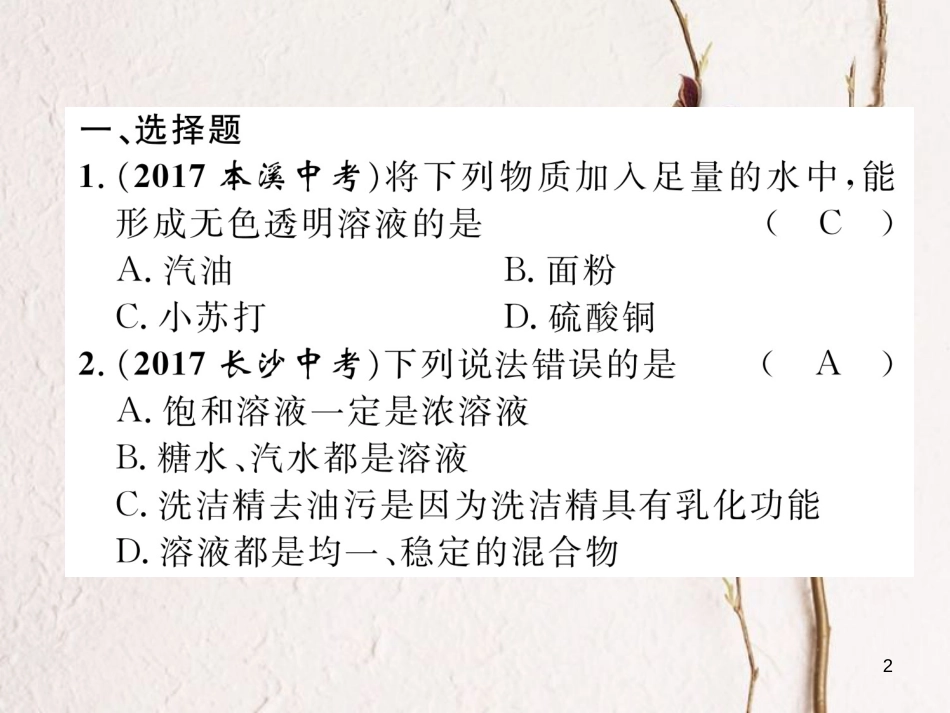 （青海专版）中考化学复习 第1编 教材知识梳理篇 第9单元 溶液（精练）课件_第2页