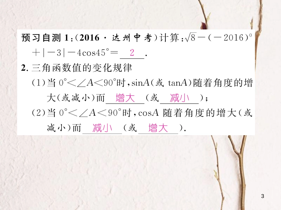 九年级数学下册 第一章 直角三角形的边角关系 1.2 30°，45°，60°角的三角函数值作业课件 （新版）北师大版_第3页