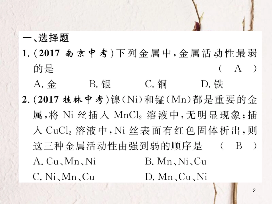 （青海专版）中考化学复习 第1编 教材知识梳理篇 第8单元 金属和金属材料 课时2 金属的化学性质（精练）课件_第2页