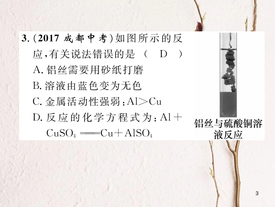 （青海专版）中考化学复习 第1编 教材知识梳理篇 第8单元 金属和金属材料 课时2 金属的化学性质（精练）课件_第3页