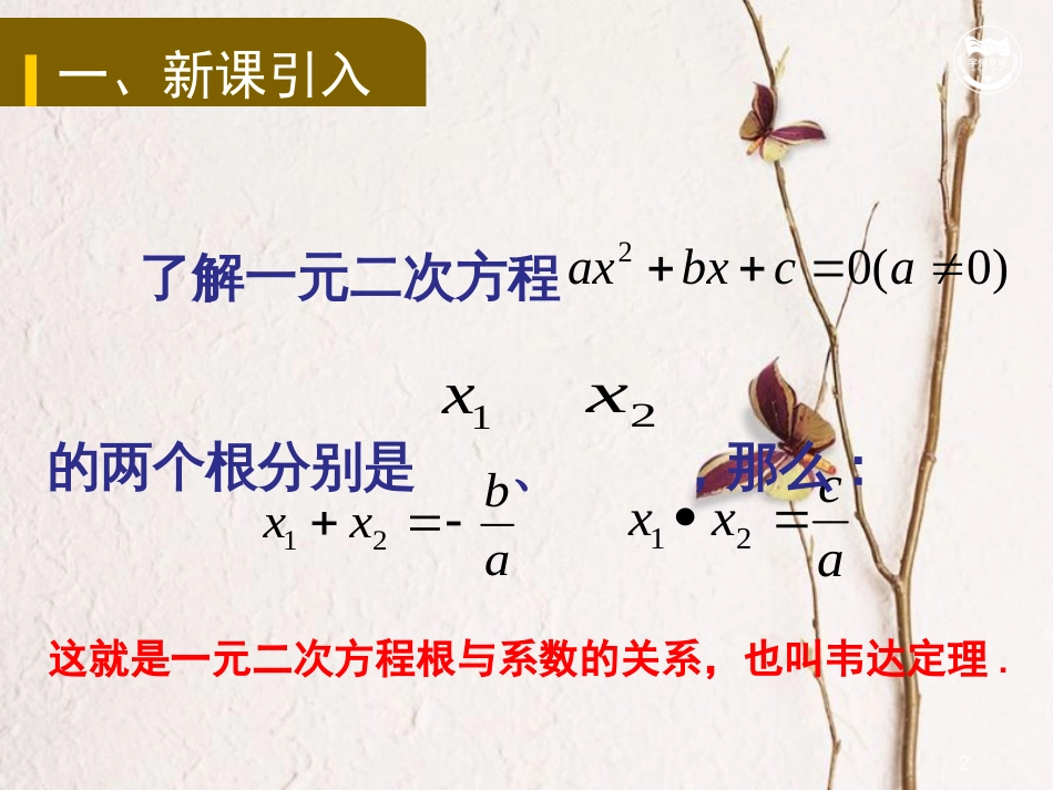 九年级数学上册 第2章 一元二次方程 2.4 一元二次方程根与系数的关系教学课件 （新版）湘教版_第2页