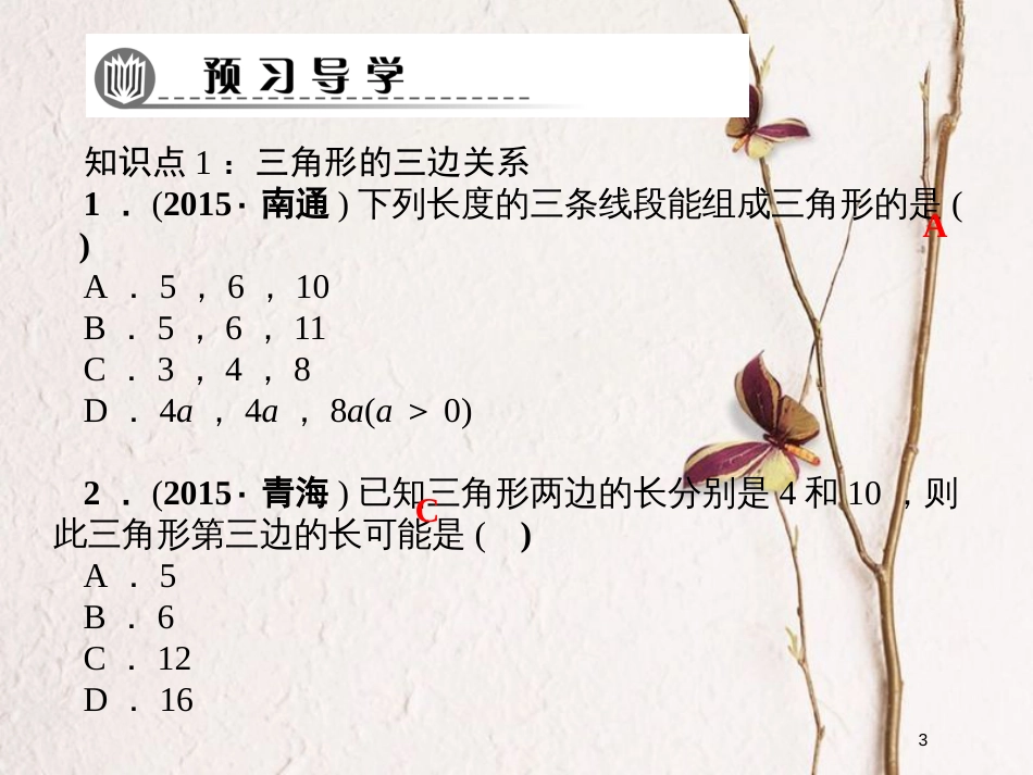 七年级数学下册 第9章 多边形 9.1 三角形 9.1.3 三角形的三边关系习题课件 （新版）华东师大版_第3页