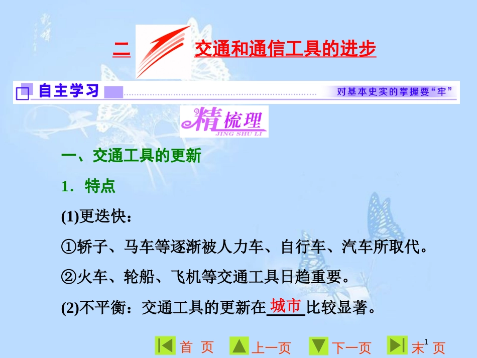 高中历史 专题四 中国近现代社会生活的变迁 二 交通和通信工具的进步课件 人民版必修2_第1页