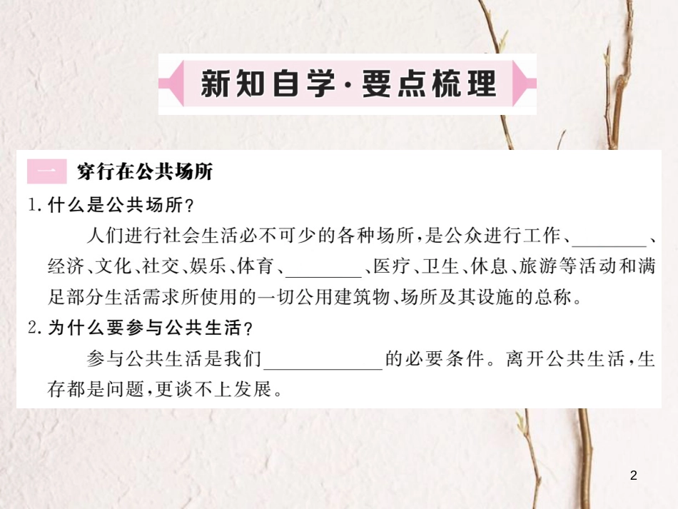 八年级道德与法治上册 第一单元 成长的空间 第三课 家门之外 第1框《穿行在公共场所 不一样的生活空间》习题课件 人民版_第2页