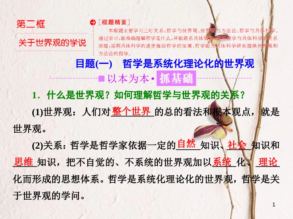 高中政治 第一单元 生活智慧与时代精神 第一课 美好生活的向导 第二框 关于世界观的学说课件 新人教版必修4_第1页