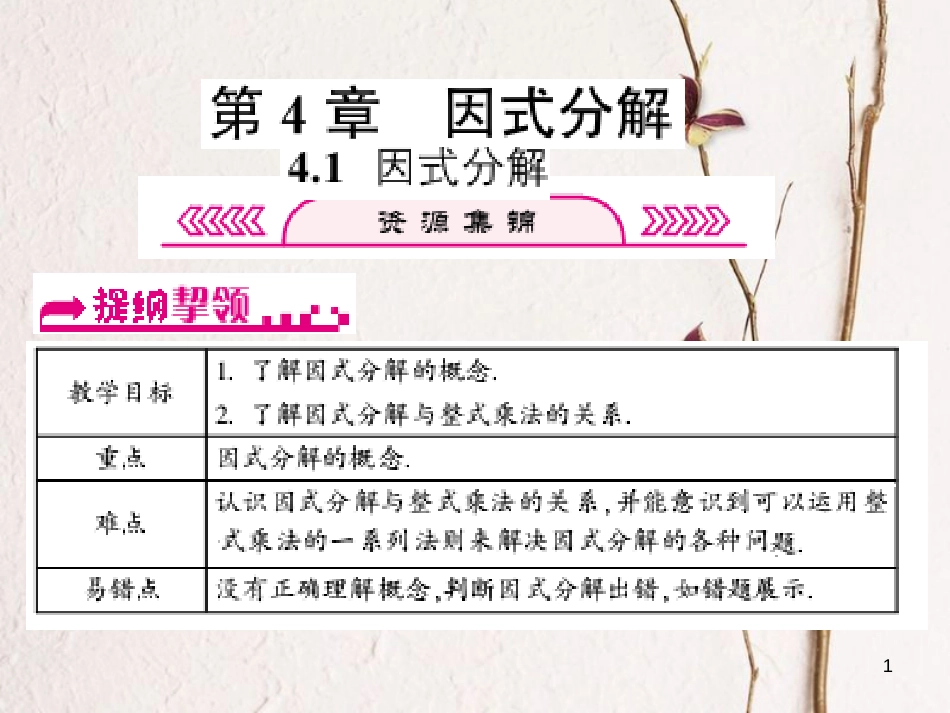 浙江省嘉兴市秀洲区七年级数学下册 第四章 因式分解 4.1 因式分解习题课件 （新版）浙教版_第1页