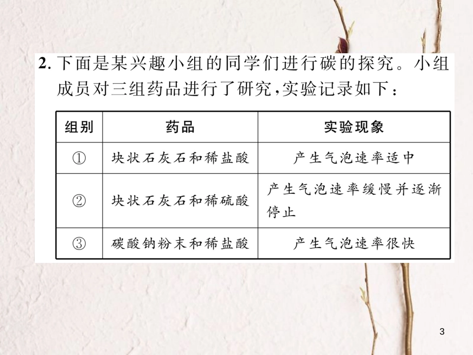 九年级化学上册 第6单元 碳和碳的氧化物 6.2 二氧化碳制取的研究作业课件 （新版）新人教版_第3页