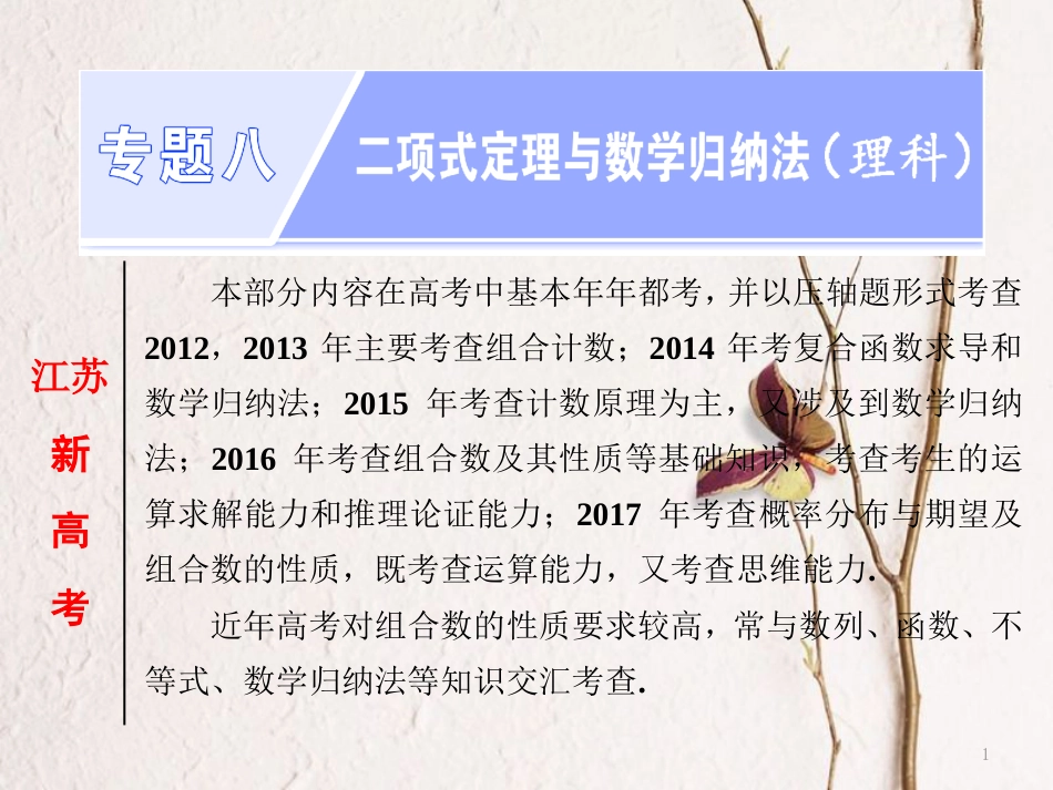 （江苏专版）高考数学二轮复习 专题八 二项式定理与数学归纳法 第1课时 计数原理与二项式定理（能力课）课件 理_第1页
