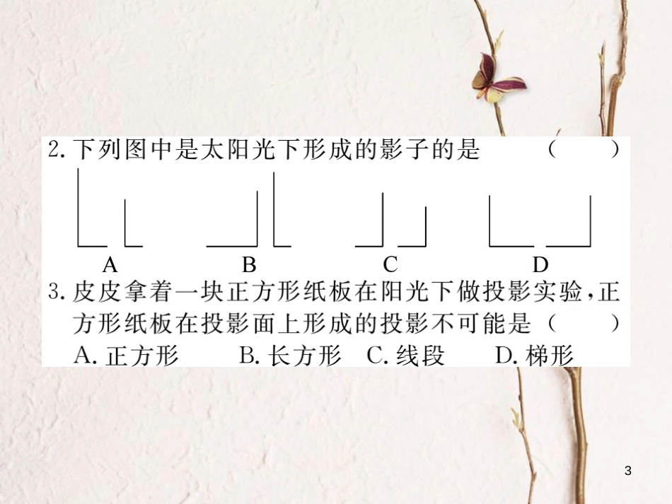 江西省2018年春九年级数学下册 第二十九章 投影与视图 29.1 第1课时 平行投影与中心投影练习课件 （新版）新人教版_第3页