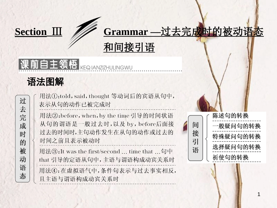 高中英语 Module 3 The Violence of Nature Section Ⅲ Grammar 过去完成时的被动语态和间接引语课件 外研版必修3_第1页