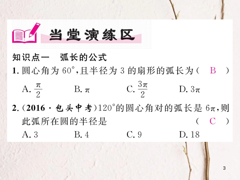 九年级数学下册 第2章 圆 2.6 弧长与扇形面积 第1课时 弧长作业课件 （新版）湘教版_第3页