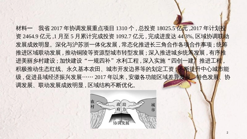 安徽省中考政治 热点专题探究十 落实五大发展理念 引领美好安徽建设 主题2 发展协调性显著增强,加快建成城乡区域协调发展新体系复习课件_第2页