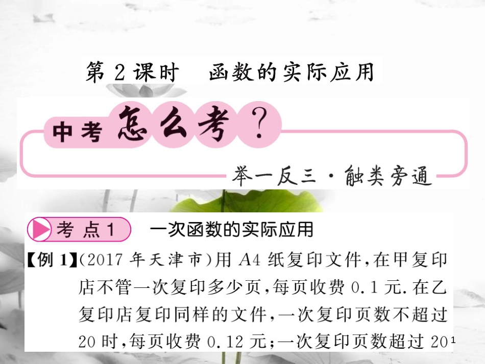 春中考数学总复习 第一轮 同步演练 夯实基础 第一部分 数与代数 第3章 函数及其图象 第14节 函数的综合应用 第2课时 函数的实际应用课件 新人教版_第1页