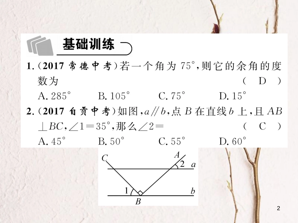 （青海专版）中考数学复习 第1编 教材知识梳理篇 第4章 图形的初步认识与三角形、四边形 第1节 线段、角、相交线和平行线（精练）课件_第2页