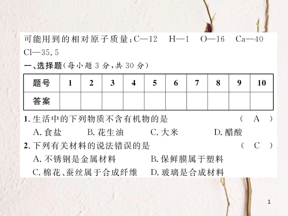 九年级化学下册 第12单元 化学与生活达标测试题作业课件 （新版）新人教版_第1页