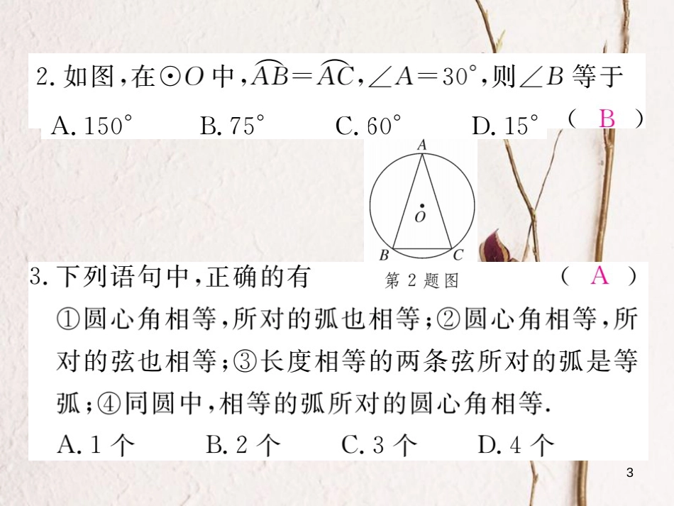 九年级数学下册 2.2 圆心角、圆周角 2.2.1 圆心角作业课件 （新版）湘教版_第3页