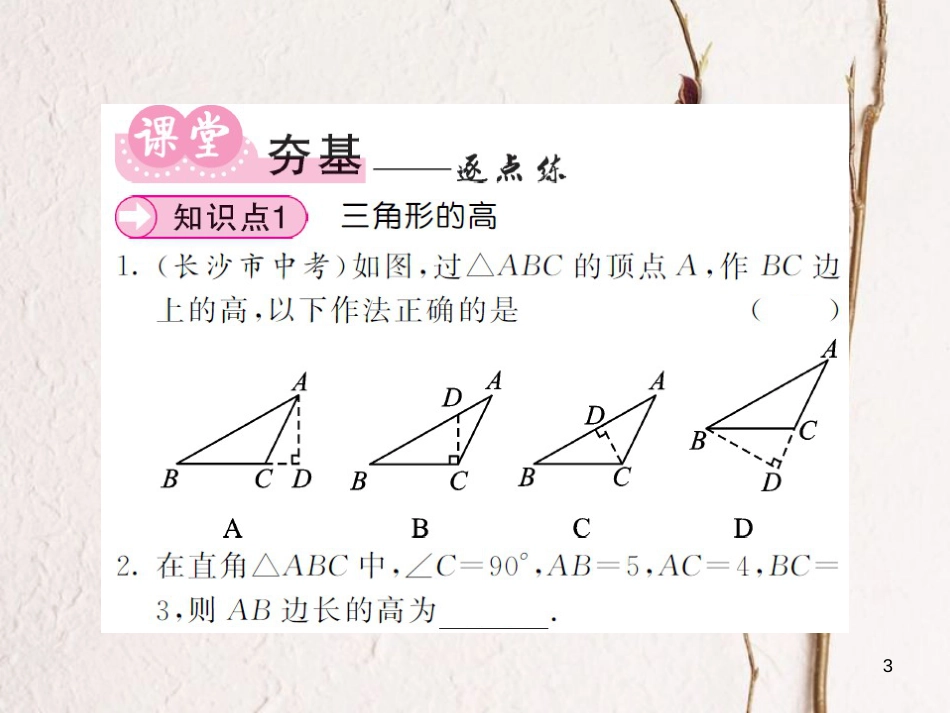 八年级数学上册 第2章 三角形 2.1 三角形 第2课时 与三角形有关的线段习题课件 （新版）湘教版_第3页