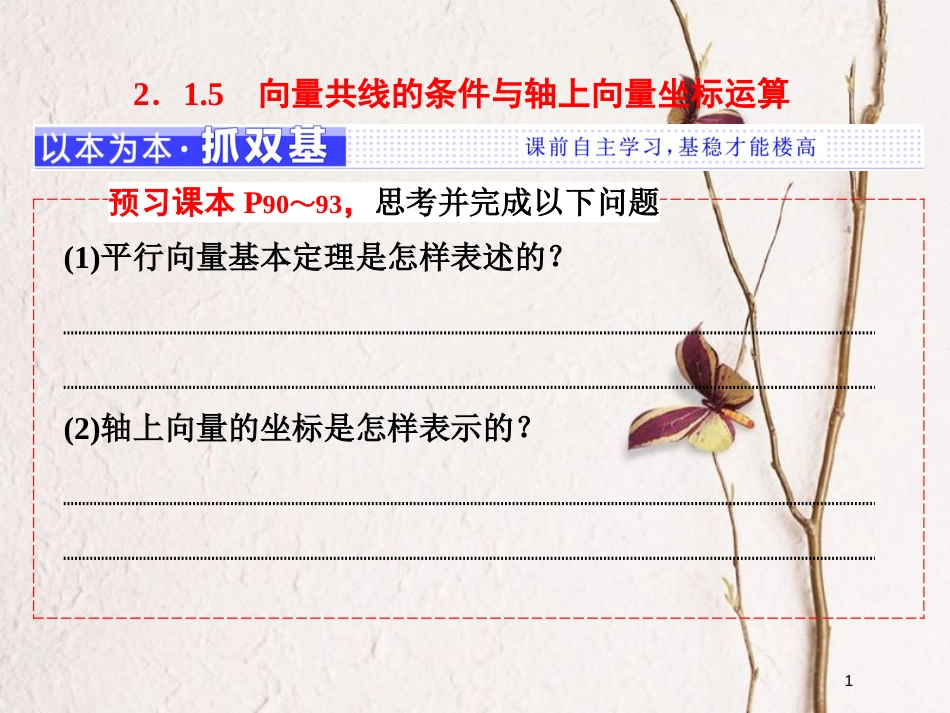 高中数学 第二章 平面向量 2.1.5 向量共线的条件与轴上向量坐标运算课件 新人教B版必修4_第1页