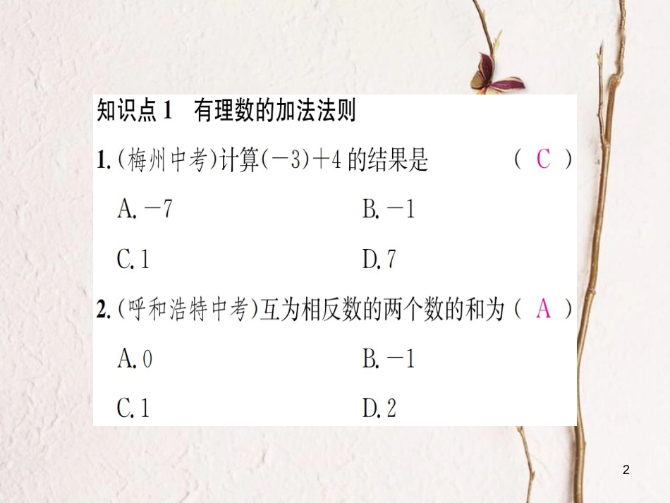 七年级数学上册 1.4 有理数的加法和减法 第1课时 有理数的加法习题课件 （新版）湘教版_第2页