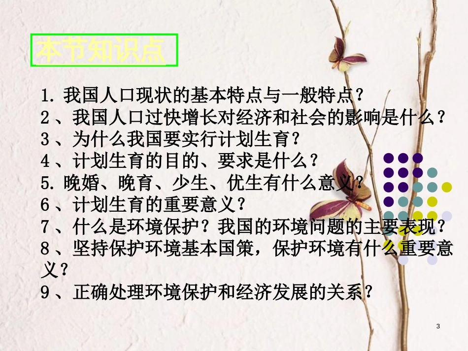江西省九年级政治全册 第二单元 了解祖国 爱我中华 第四课 了解基本国策与发展战略 第2框《计划生育与保护环境的基本国策》课件 新人教版_第3页