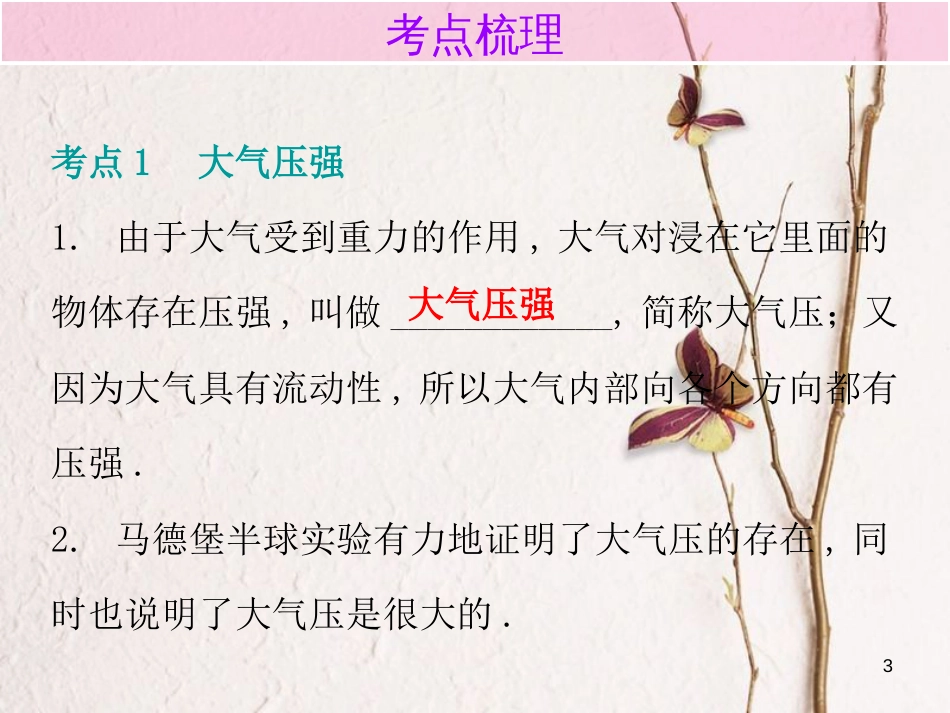 广东省中考物理总复习 第一部分 基础复习 第12课时 大气压强 流体压强与流速的关系内文部分课件_第3页