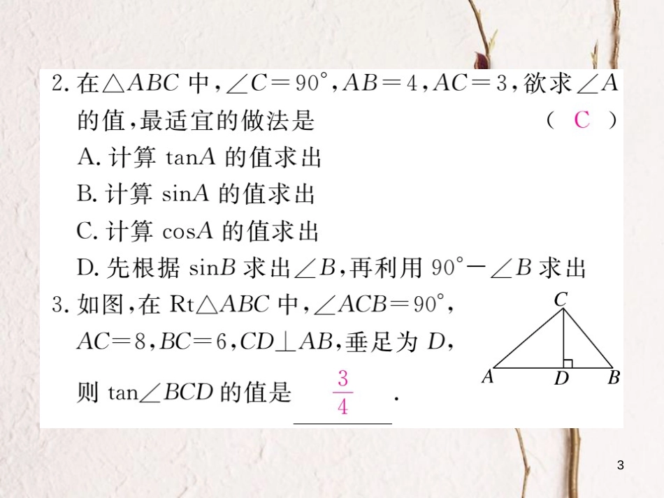 九年级数学下册 28 锐角三角函数 28.2 解直角三角形及其应用 28.2.1 解直角三角形作业课件 （新版）新人教版_第3页