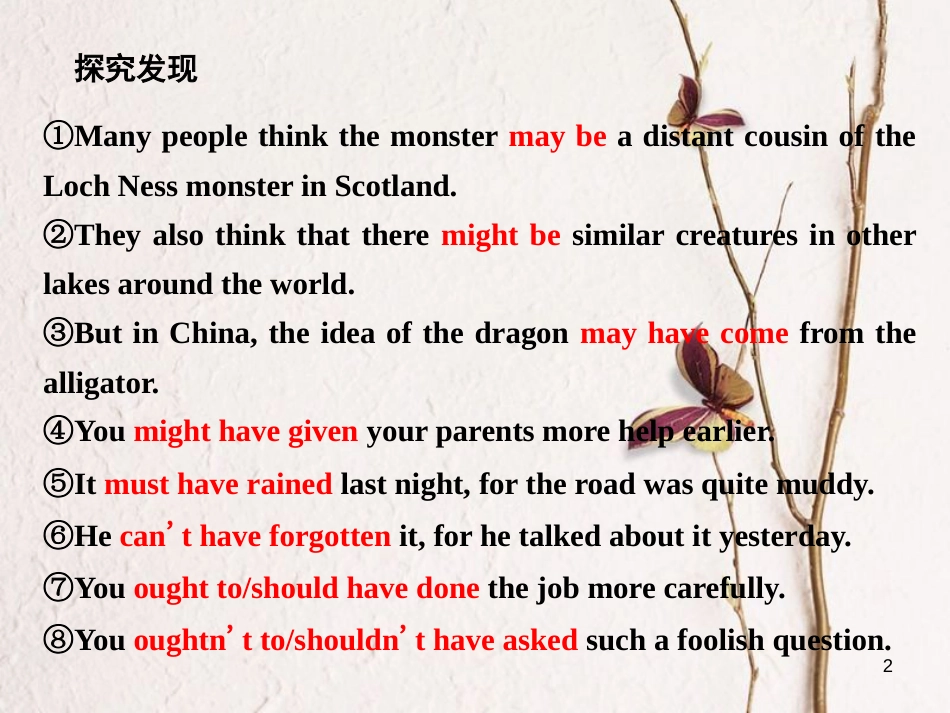 高中英语 Module 6 Unexplained Mysteries of the Natural World Section Ⅲ Grammar-情态动词＋have done的用法课件 外研版必修4_第2页