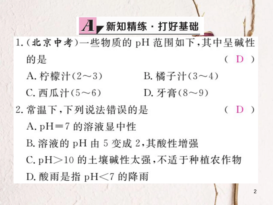 （安徽专版）九年级化学下册 10 酸和碱 实验活动7 溶液酸碱性的检验练习课件 （新版）新人教版_第2页