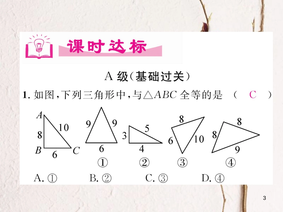 七年级数学下册 第4章 三角形 3 探索三角形全等的条件（1）作业课件 （新版）北师大版_第3页