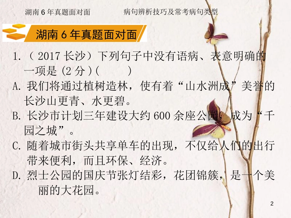 湖南省2018中考语文总复习 第一部分 积累与运用 专题三 病句辨析课件_第2页