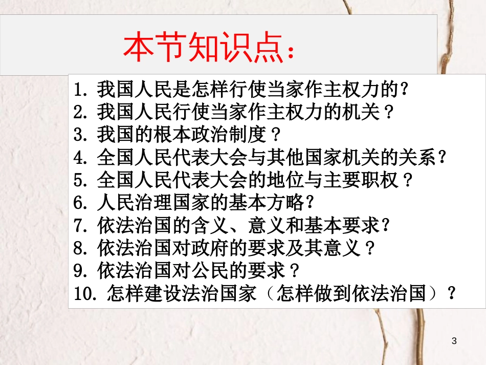 江西省九年级政治全册 第三单元 融入社会 肩负使命 第六课 参与政治生活 第1框《人民当家作主的法治国家》课件 新人教版_第3页