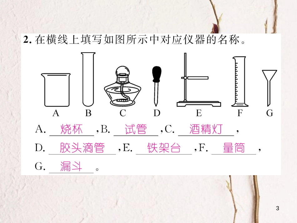 九年级化学上册 第1单元 走进化学世界 1.3 走进化学实验室 第1课时 化学实验室常用仪器及药品的取用作业课件 （新版）新人教版_第3页