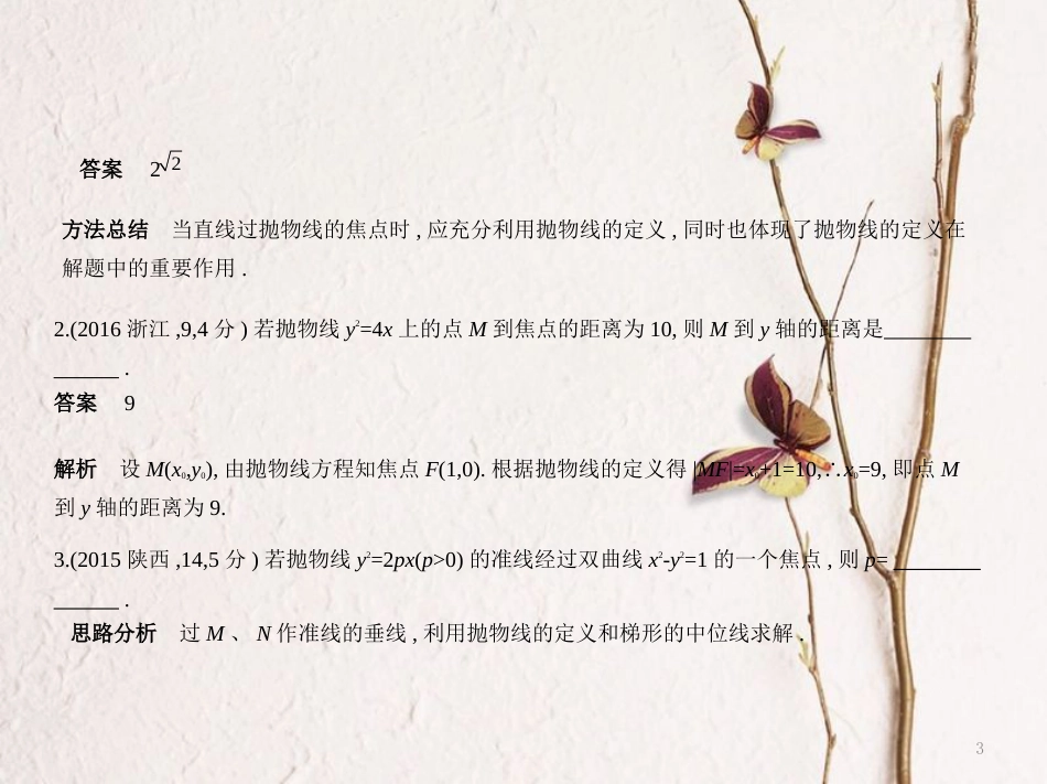 （浙江专用）高考数学一轮复习 第十章 圆锥曲线与方程 10.3 抛物线及其性质课件_第3页