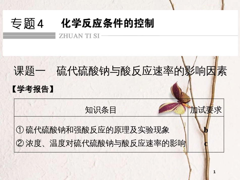 （浙江专用）高中化学 专题四 化学反应条件的控制 课题1 硫代硫酸钠与酸反应速率的影响因素课件 苏教版选修6_第1页