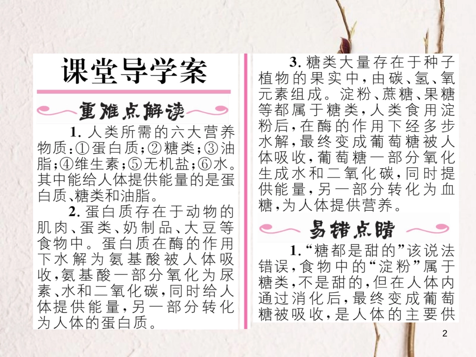 九年级化学下册 第12单元 化学与生活 课题1 人类重要的营养物质（第1课时）蛋白质和糖类作业课件 （新版）新人教版_第2页